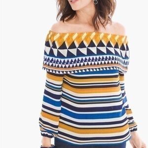 Chicos Graphic Off-The-Shoulder Top blue, cream and gold size 1 or medium